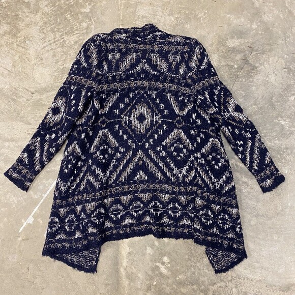 Lucky Brand XS Cardigan Sweater Navy Cream Aztec Open Drape Front Long Sleeve - Picture 4 of 14
